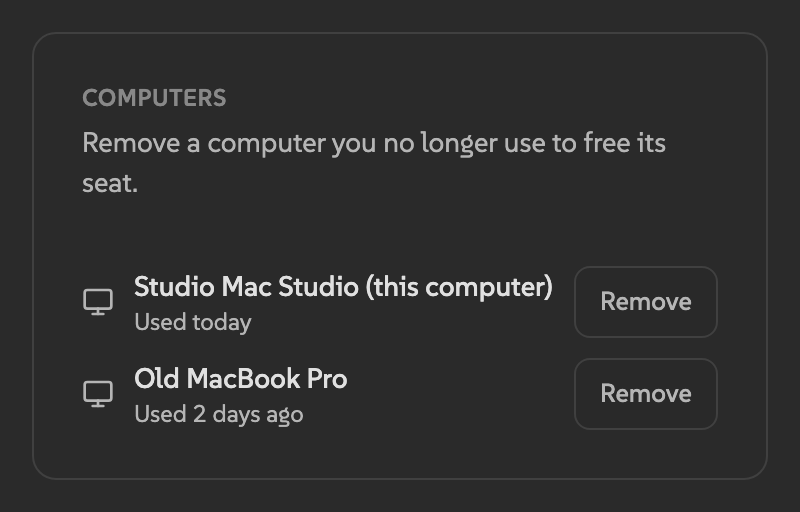 Computerlijst in de instellingen van Atom met knoppen Remove