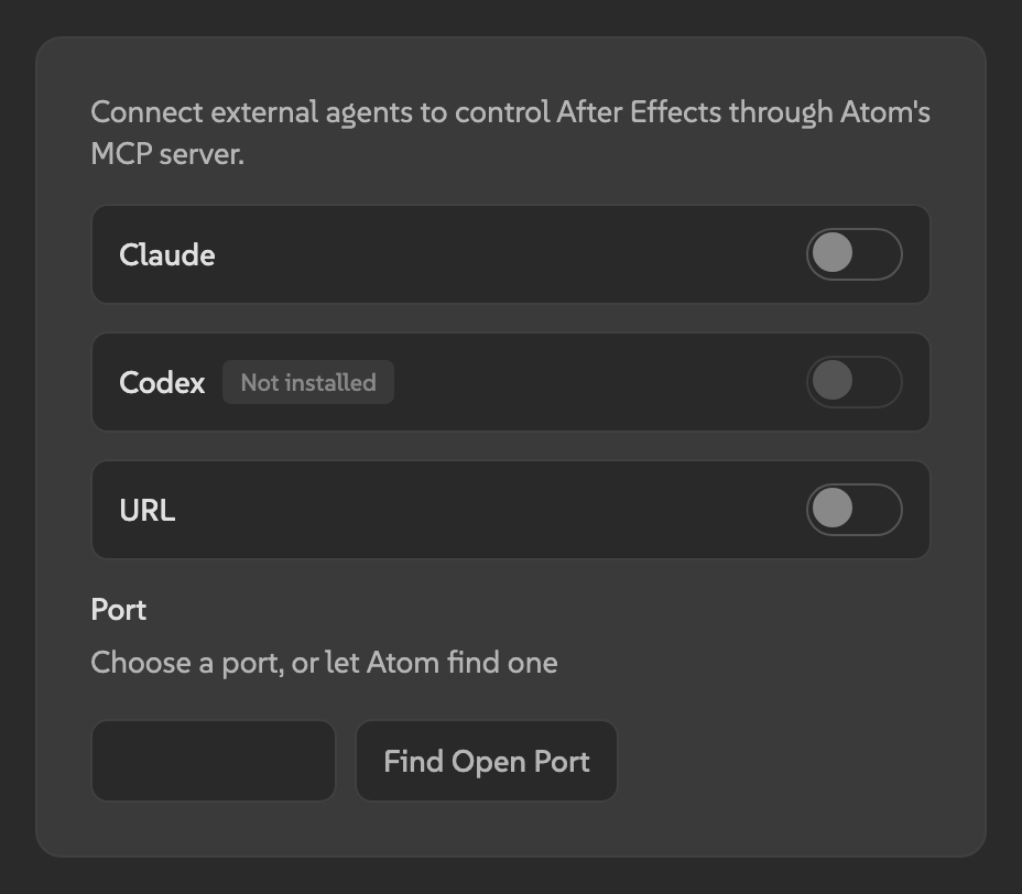 MCP section in Atom settings showing agent toggles and port configuration