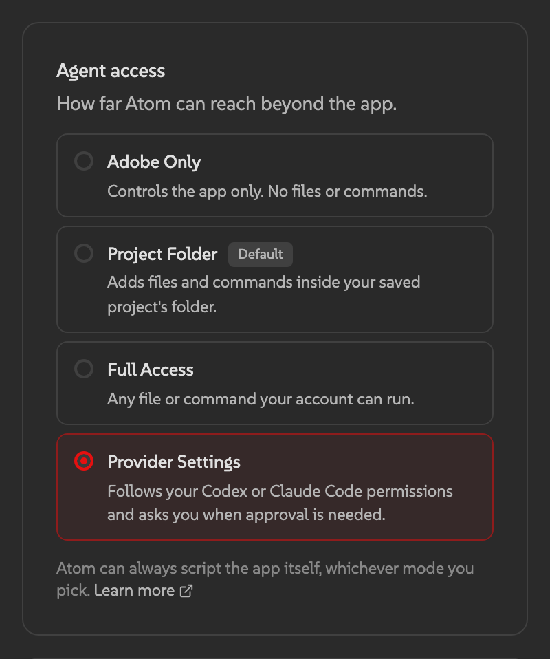 Agent access settings with Provider Settings selected