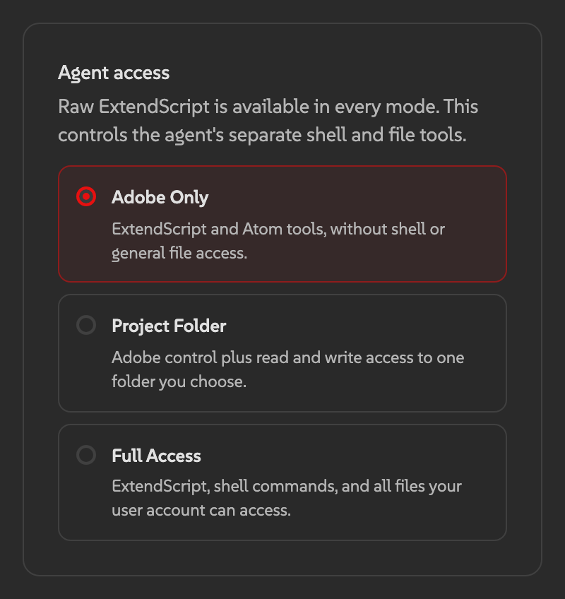 Security modes in Atom Settings with Adobe Only selected and extra After Effects protection