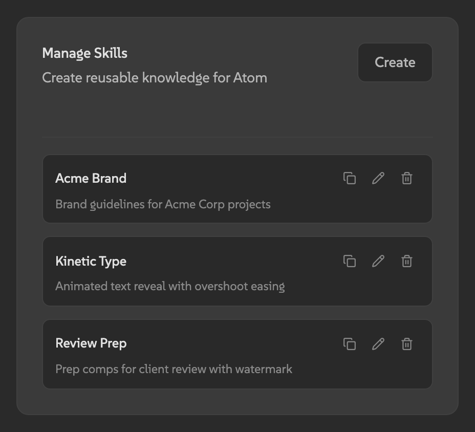 Skills management in Atom Settings