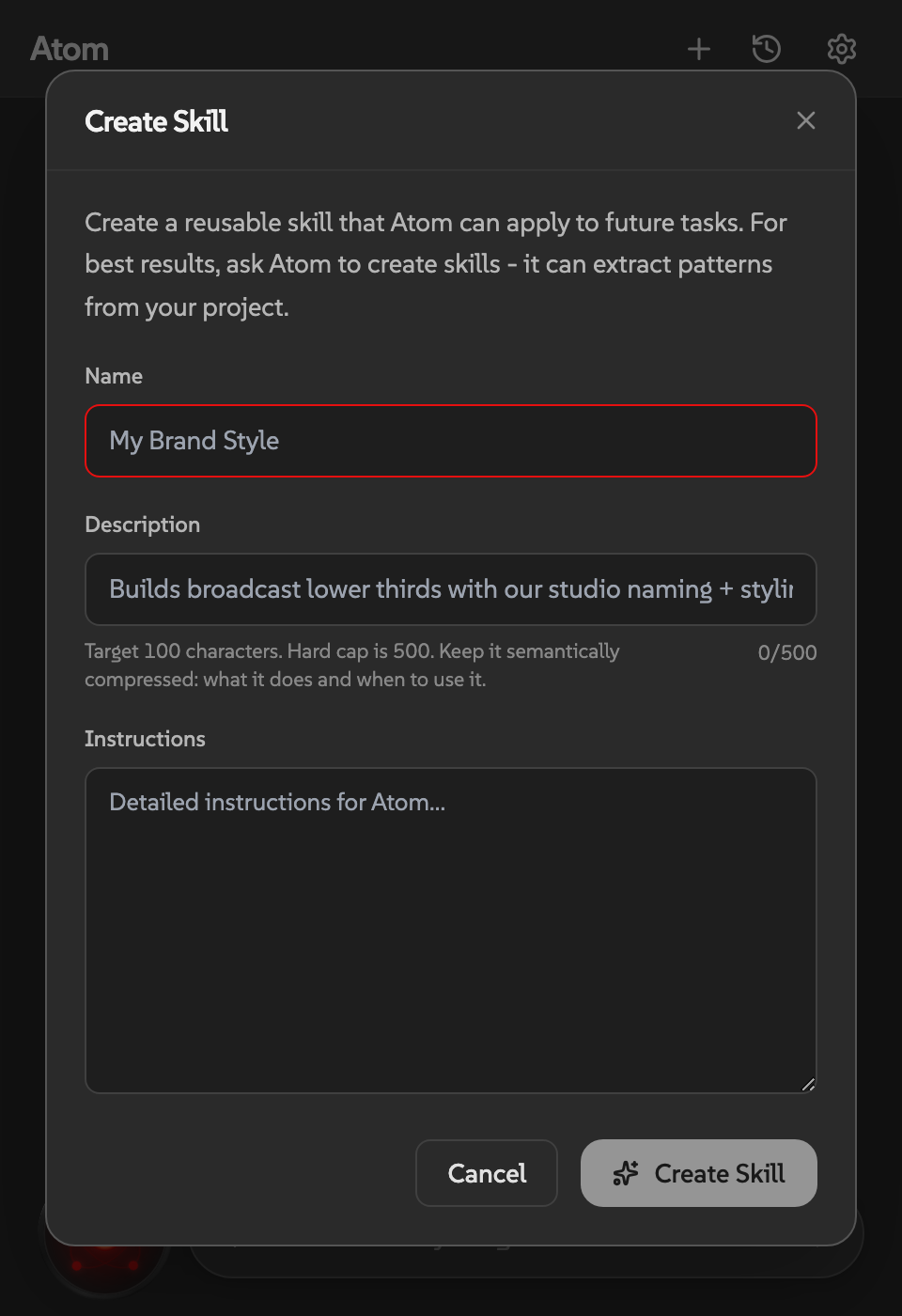 Create Skill form in Atom
